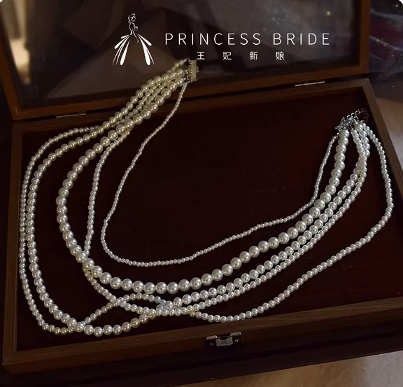 Bride 2025 Multi-layer Pearl Neck Neck Neck Chain Folding Dai Fugu Minority Female Senior Sweater Chain Spring and Summer