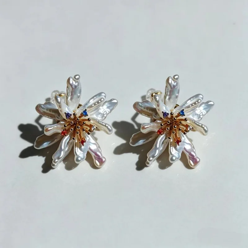 Natural Pearl Weave Brooch Stud Earrings Baroque Freshwater Pearl Handmade Flower Pearl Jewelry Ring Earrings