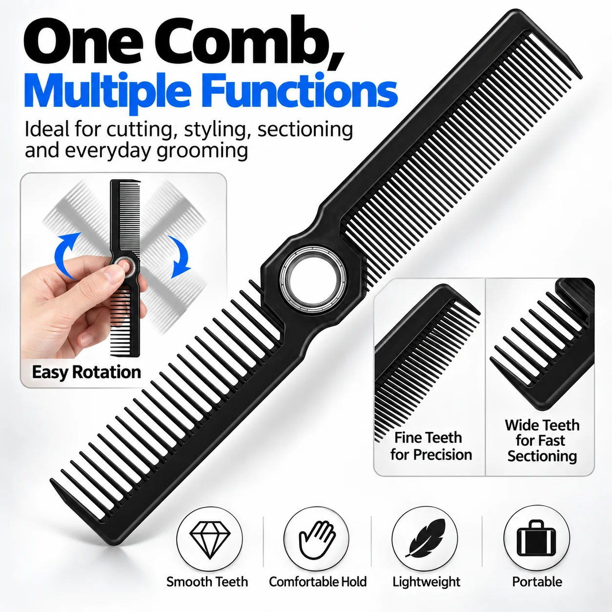 Dual-Sided Spinning Barber Comb Wide Fine Tooth Smooth Haircut Tool Styling Comb for Professional Fade Hair