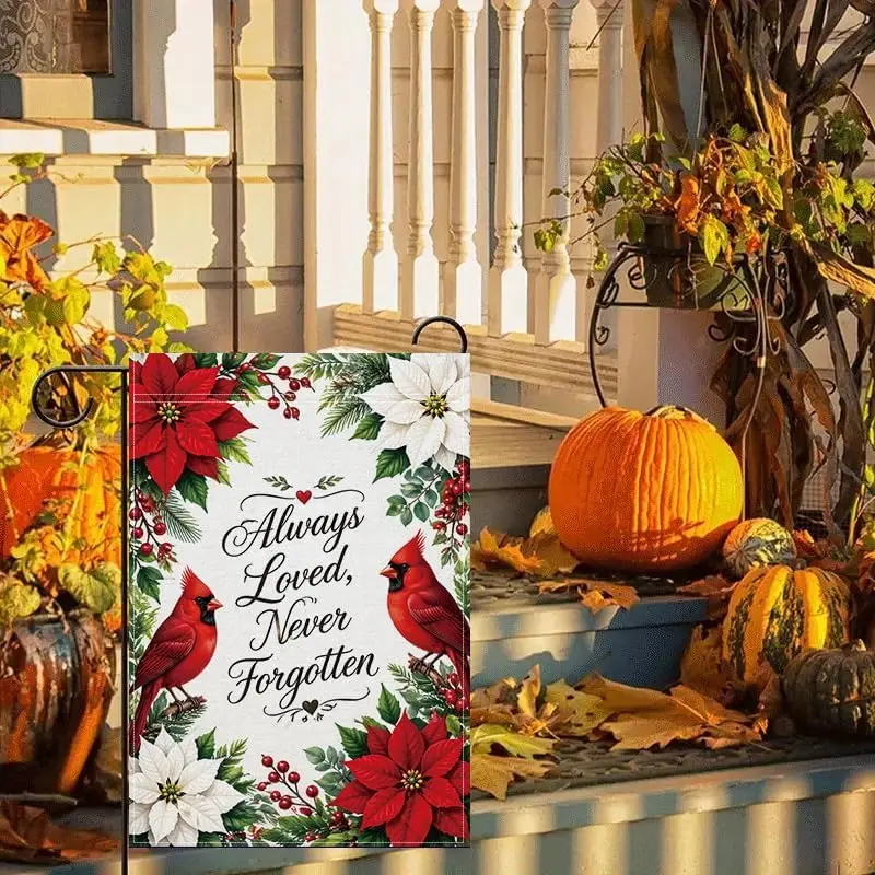 Garden Flag 12x18 Inch, Always Loved Never Forgotten Garden Flag, Merry Christmas Cardinal Birds Memorial Outdoor Flag with  yyi