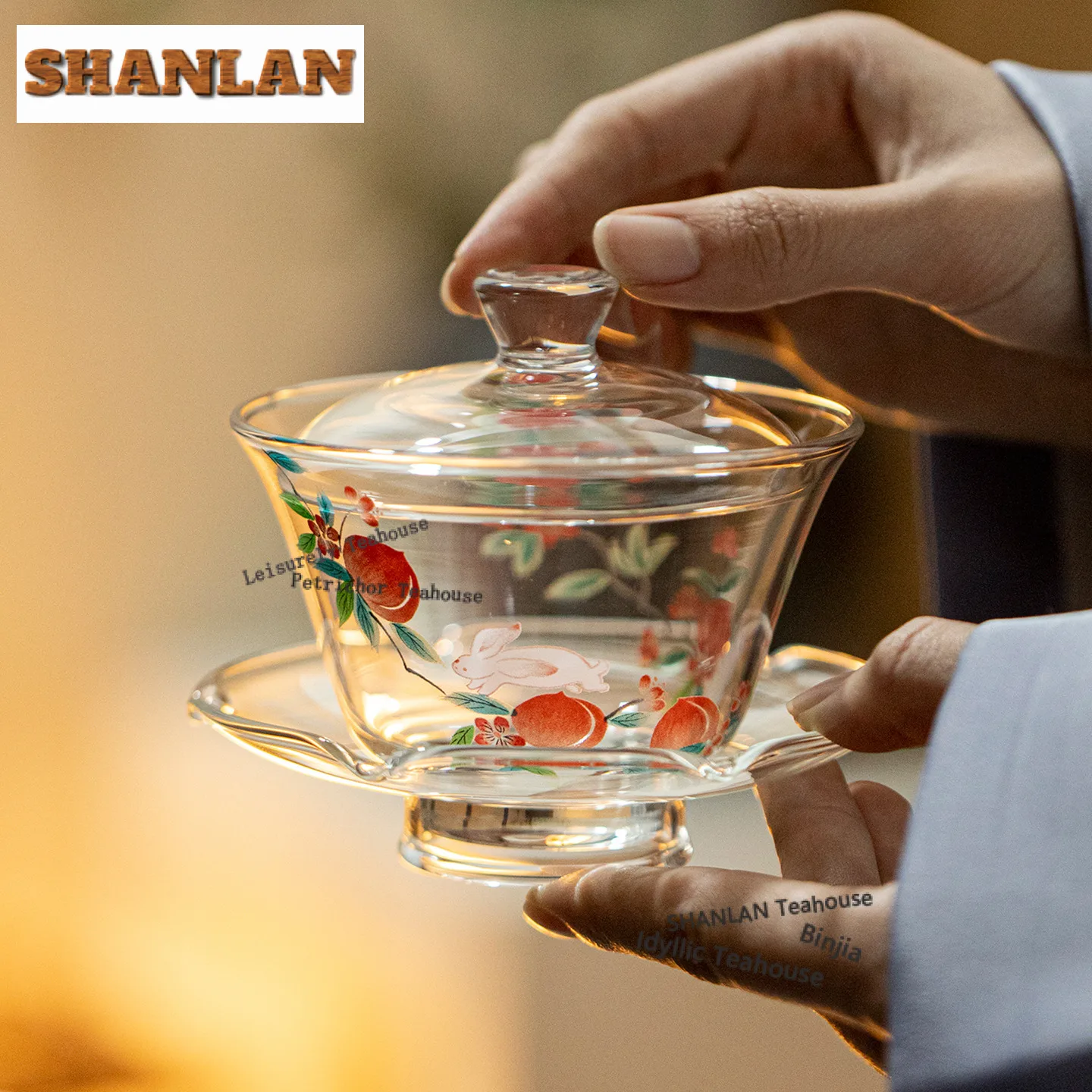 180ml Glass Jade Rabbit Peach Gaiwan Handmade Tea Tureen Household Tea Bowl With Lid Kit Tea Maker Cover Bowl Cha Ornaments view 2