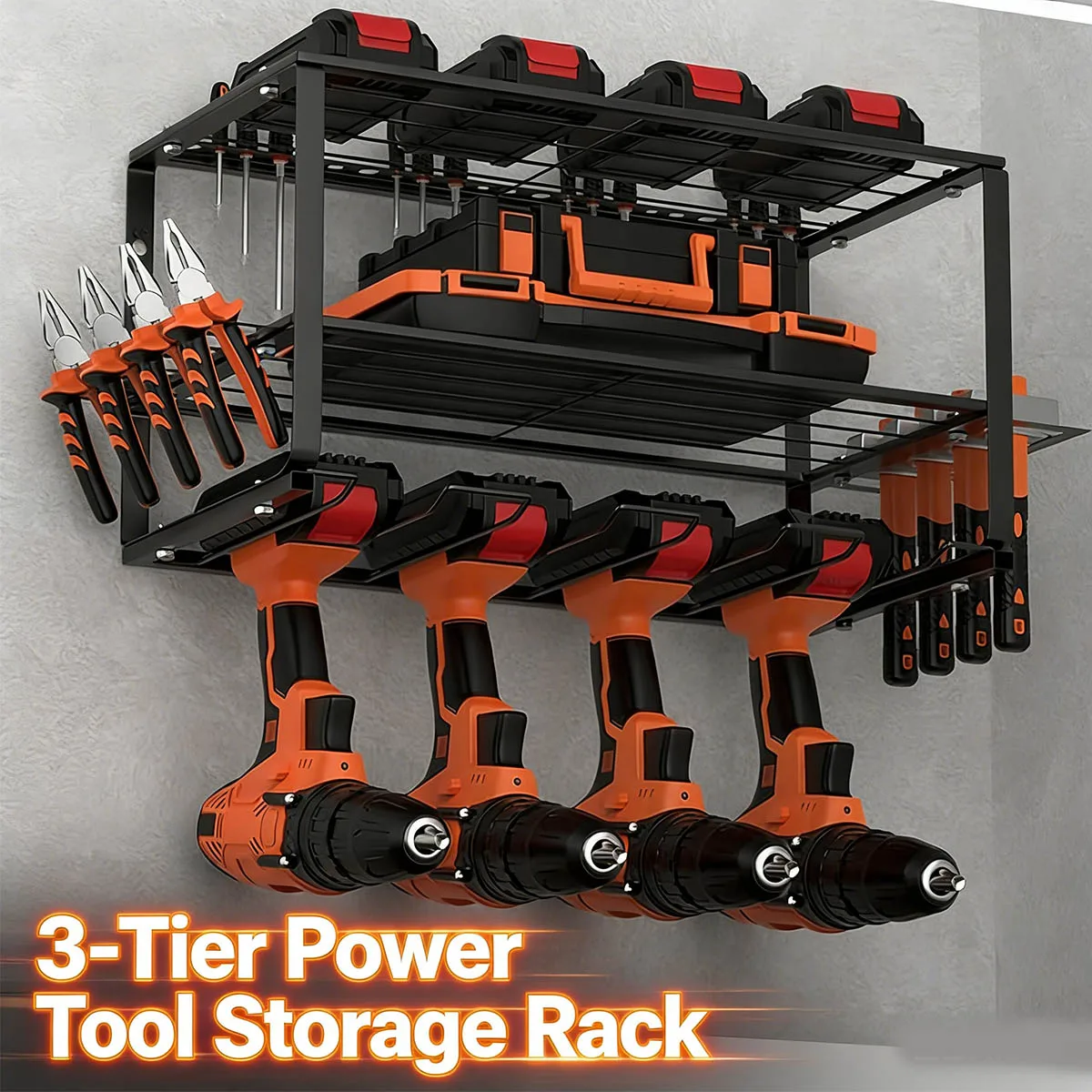 Organizador de Herramientas Metálico de 3 Niveles, Resistente, para 4 Taladros, Caja de Herramientas, Destornilladores