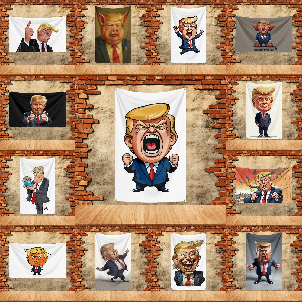 Bandera de 3x5 pies para Donald Trump - Pancarta con caricatura de Donald Trump, impresión HD, decoración de pared para garaje, dormitorio, sala de estar, tapiz decorativo para pared