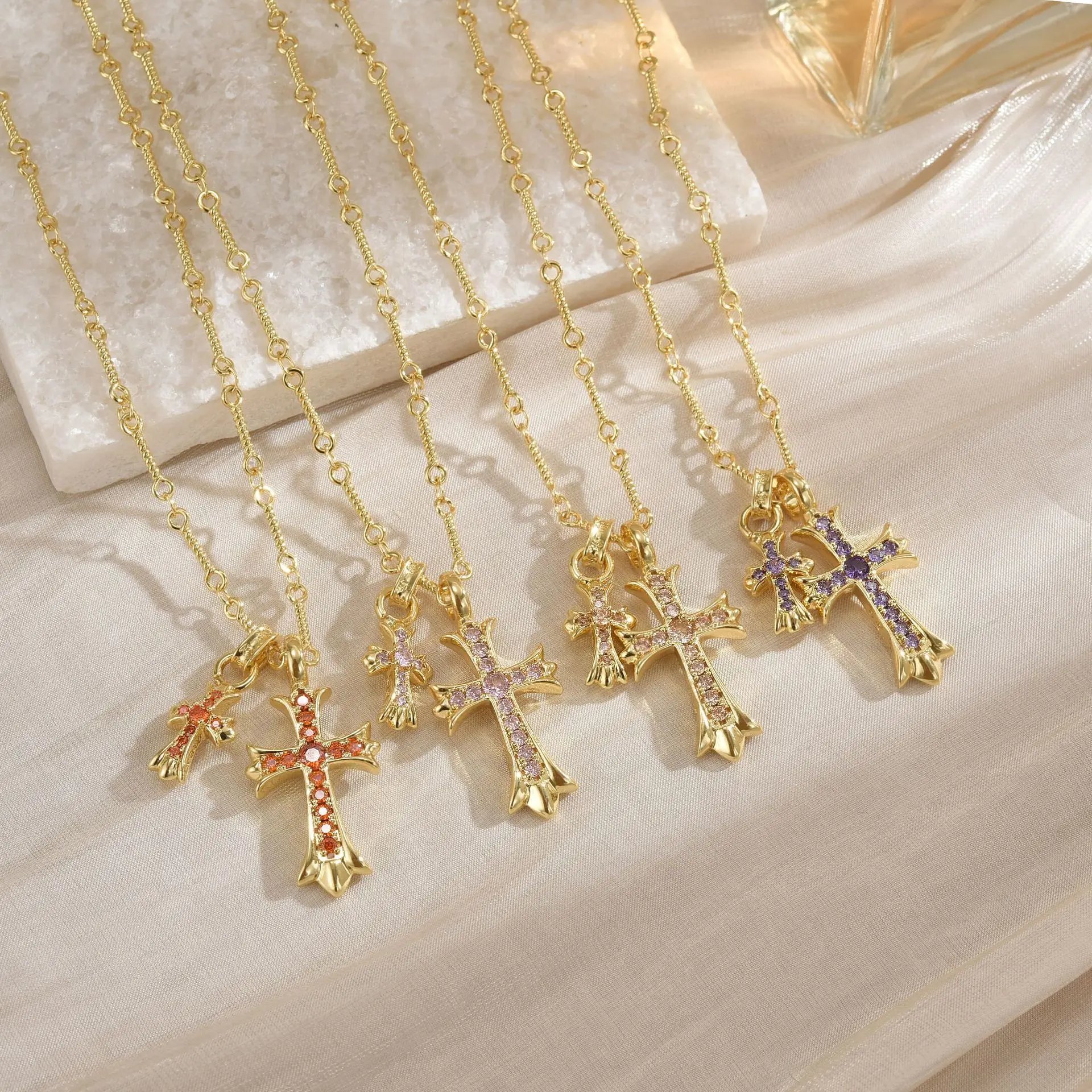 Cross Double Pendant Necklace Cross-border European and American Couples Colored Diamond Men's and Women's Pendants Jewelry