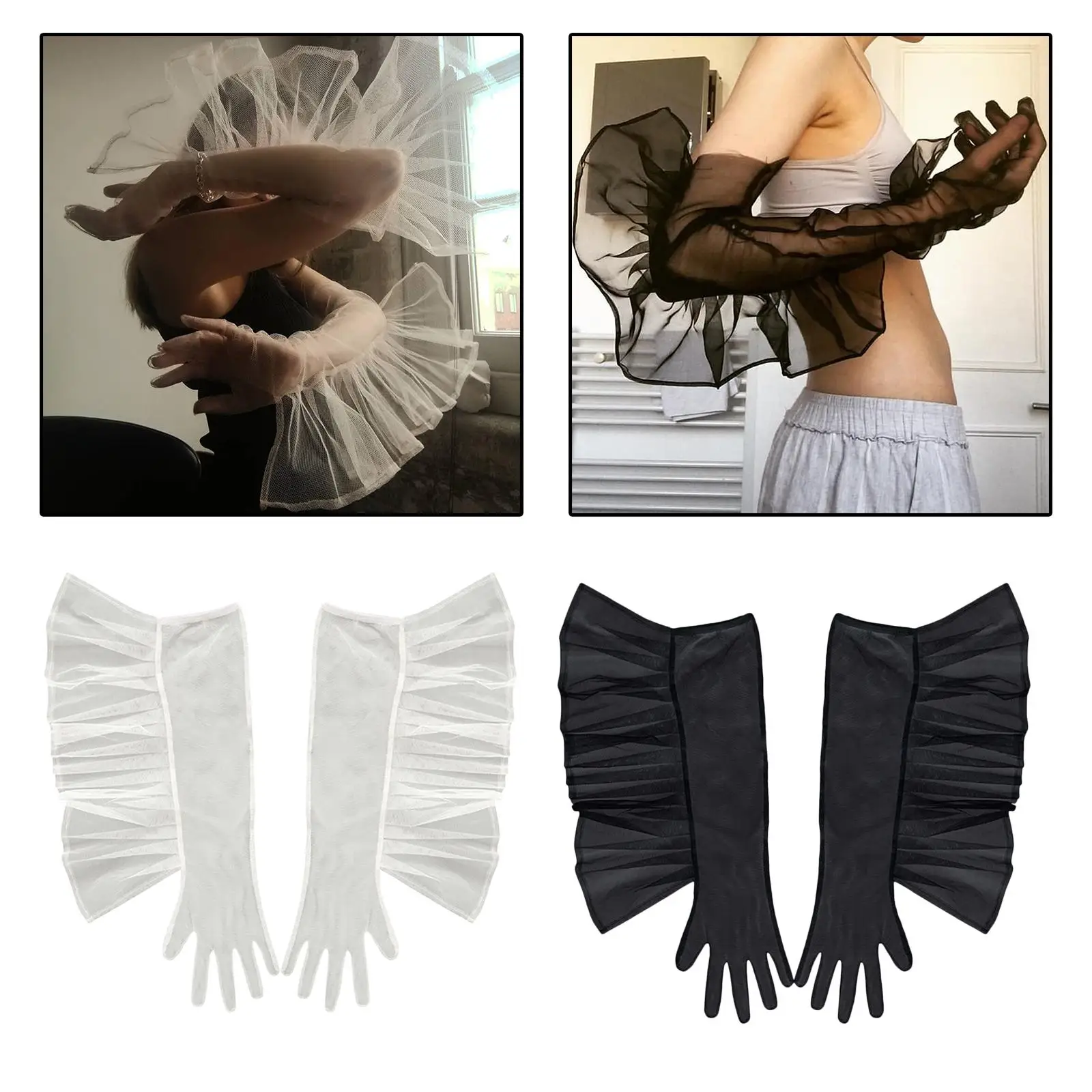 Guantes largos elegantes con volantes para mujer, cubiertas de brazo para niña, accesorios de disfraz para fiesta de graduación