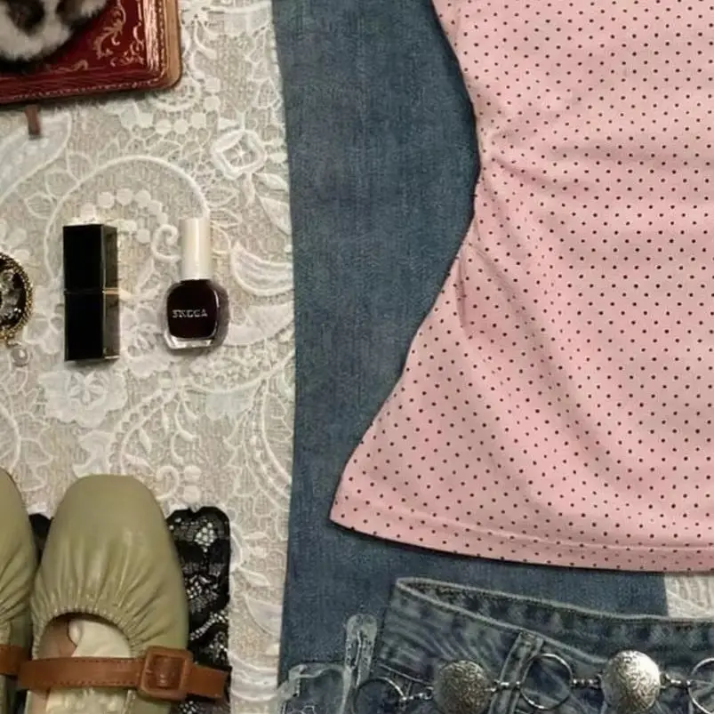 American Millennium Vintage Sweet Cool Light Asian Pink Polka Dot Small Tie Printed Round Neck Top T-shirt