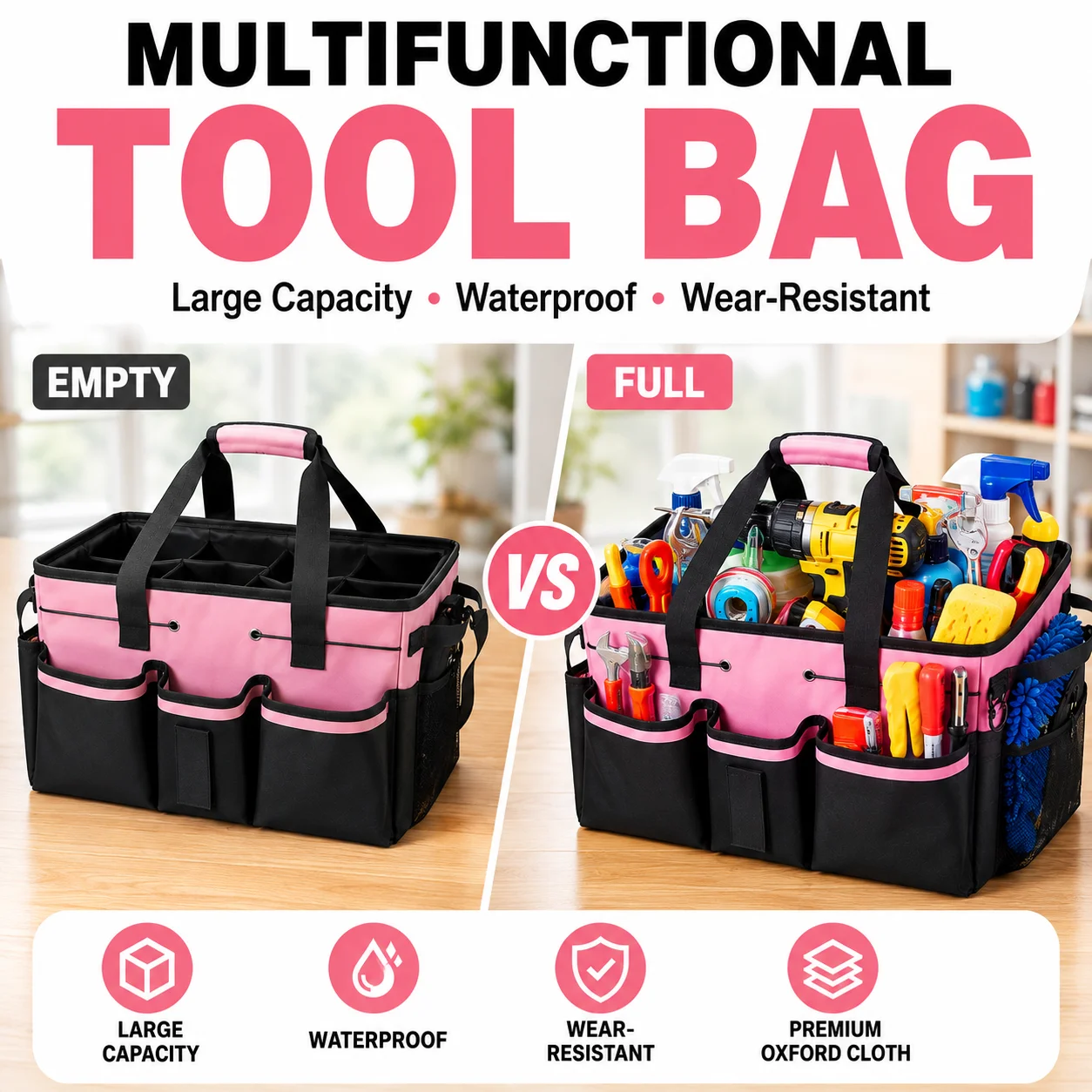 Large Capacity Cleaning Tool Tote Bag Waterproof Oxford Organizer with Multiple Pockets Dividers for Car Housekeeping Storage