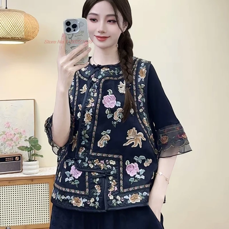 

2025 traditional flower embroidery satin jacquard folk vest chinese ethnic o-neck loose vest hanfu tops retro sleeveless jacket