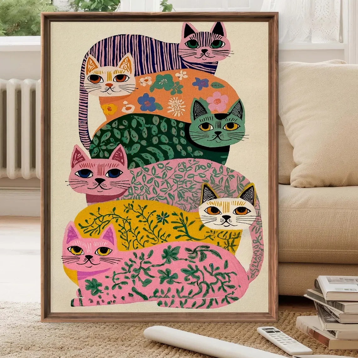 Bunter Mid-Century-Katzen-Kunstdruck – Poster mit skurriler Blumenkatzen – Retro-Boho-Wanddekoration – ungerahmt verkauft