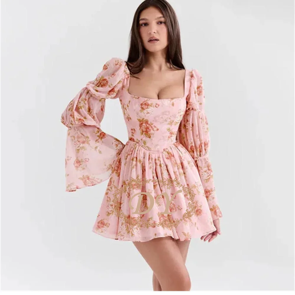 

DY Pink Floral Print Long Sleeve A-line Dress with Sweetheart Neckline and Corset Waist "Mini-Length Above Knee Customize