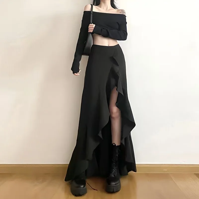 Gothic Fashion Irregular Ruffle Temperament Long Skirt Female Split High Waist Sexy Thin Black Casual Pleated Skirt French