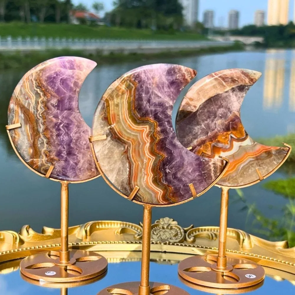 Ornement de lune en améthyste et agate naturelle, lune en cristal poli, décoration élégante pour la maison, spécimens minéraux, cadeaux, support non inclus