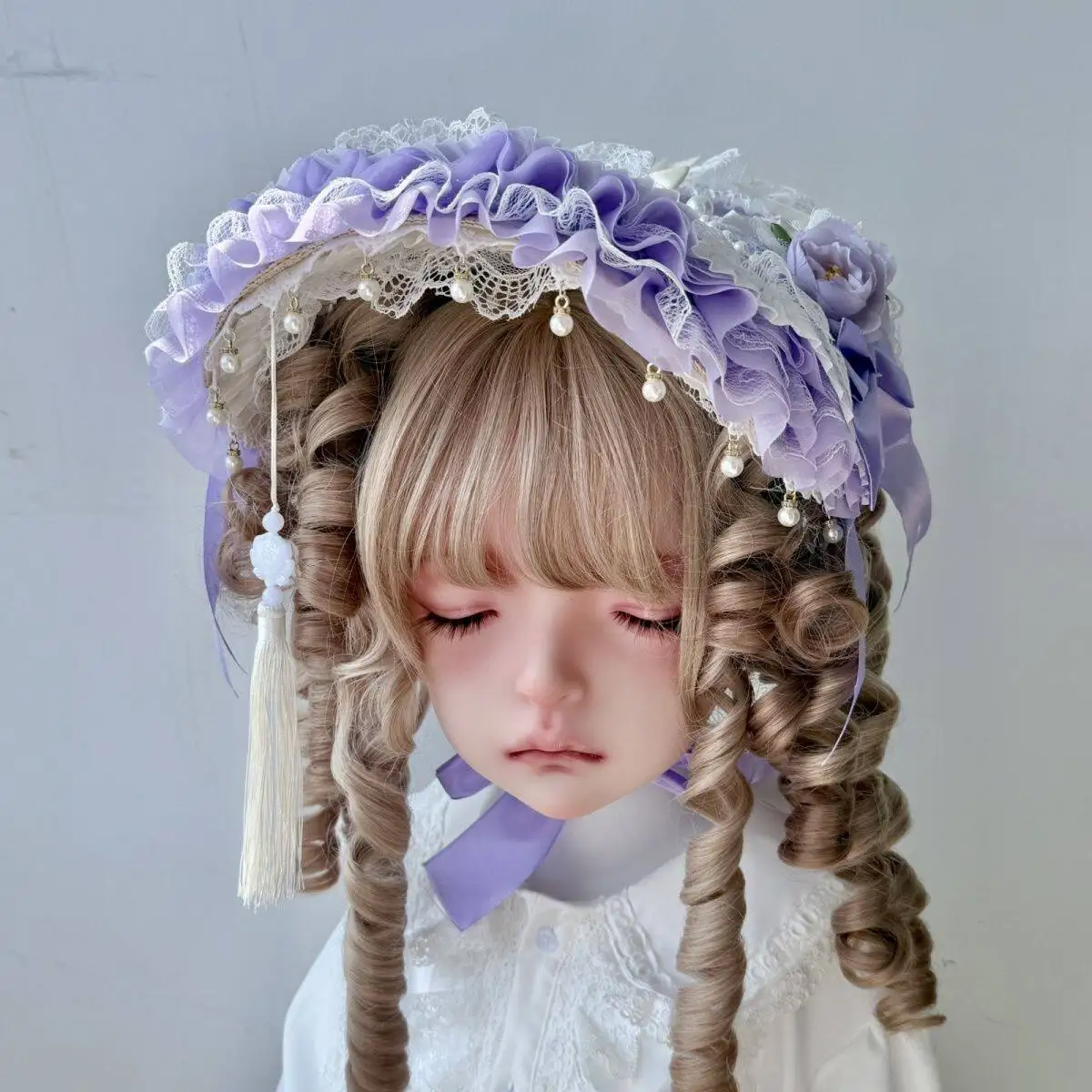 Lolita Hanyang Eclectic Straw Hat Bnt Lace Flower Bow Flat Hat Bonnet Top Hats Fringed Purple