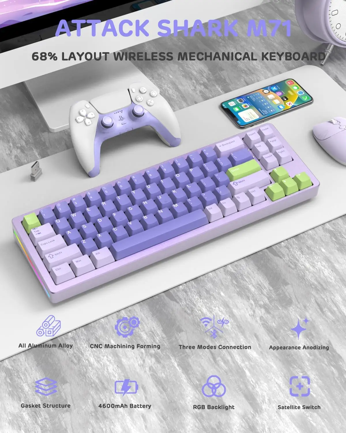 

MAMBASNAKE x ATTACK SHARK M71 75% TKL Wireless Mechanical Keyboard,Full Aluminum CNC,BT5.0/2.4G/USB-C