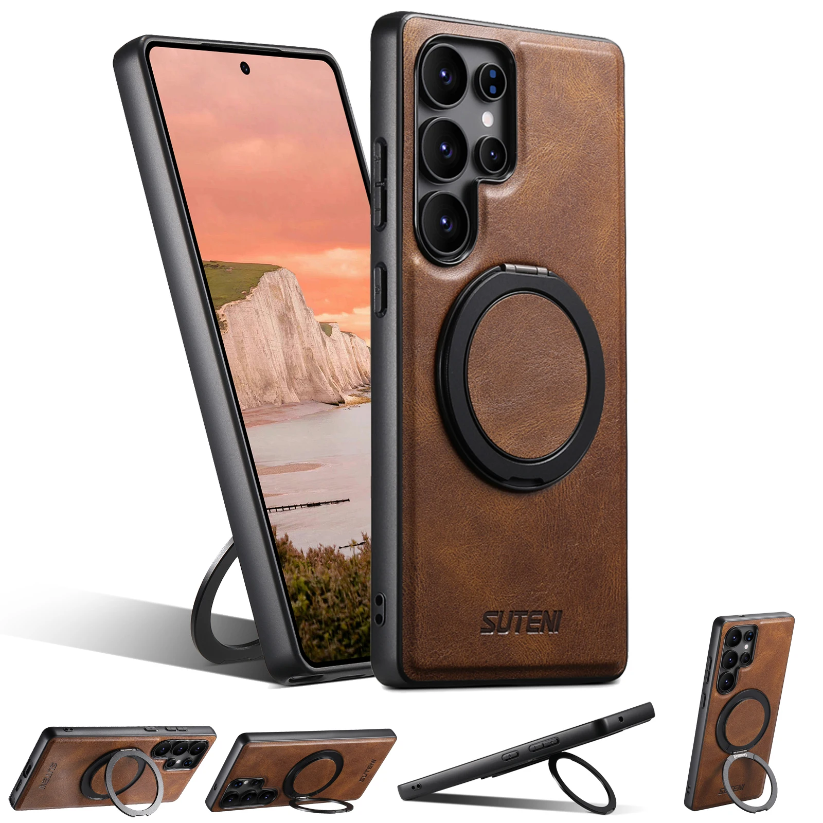 

360 Rotating Magnetic Kickstand Waxed Grain Leather Phone Case for Samsung S26 Ultra S25 S24 S23 Shockproof For Magsafe Cover