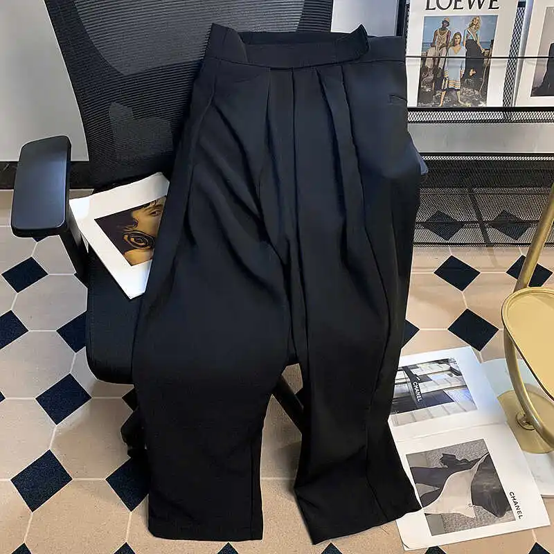 Summer Design Magic Tape Wide Leg Men's Casual Straight Leg Black Suit Pants Drapey Comfortable Youth Fashion Cool Style