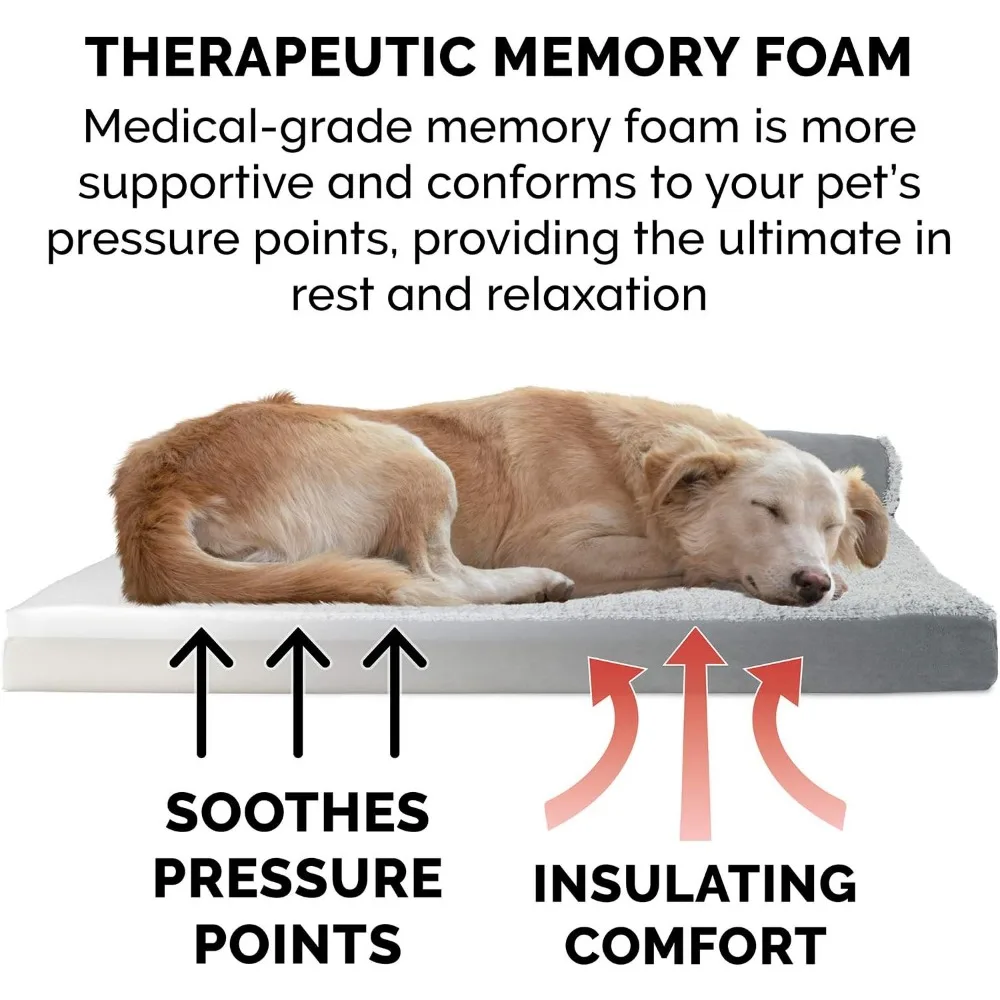 Ортопедическая L-образная кровать для собак из пены с эффектом памяти для больших домашних животных до 95 фунтов, моющийся чехол, каменный серый цвет