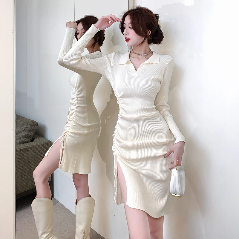 Solid Color 2026 Autumn and Winter New Long-sleeved Sexy Split Short Dress Women's Drawstring Lace-up Lapel Knitted Dress