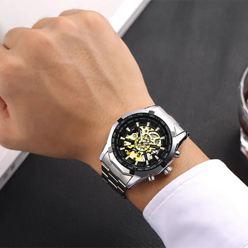 นาฬิกาข้อมือผู้ชาย ระบบจักรกล กันน้ำ สำหรับกิจกรรมกลางแจ้ง ดีไซน์โครงกระดูก แฟชั่นลำลอง สายสแตนเลส สตีล ระบบอัตโนมัติ