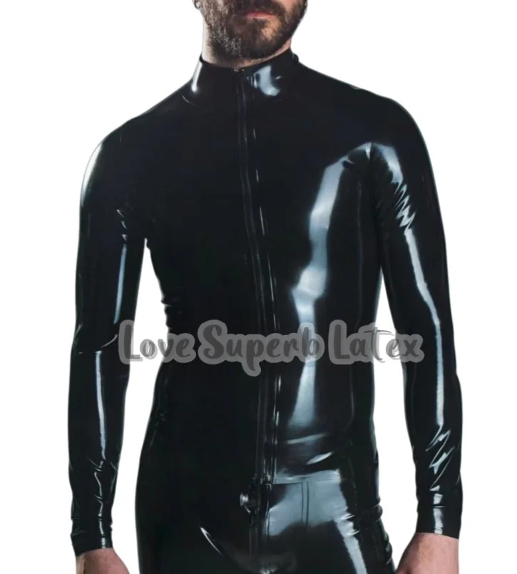 

Handmade Natural Latex Men Long Sleeves Shirt Rubber Jacket Sexy Men's Latex Top Latex Male Polo Shirt Front Zip Halloween Wear