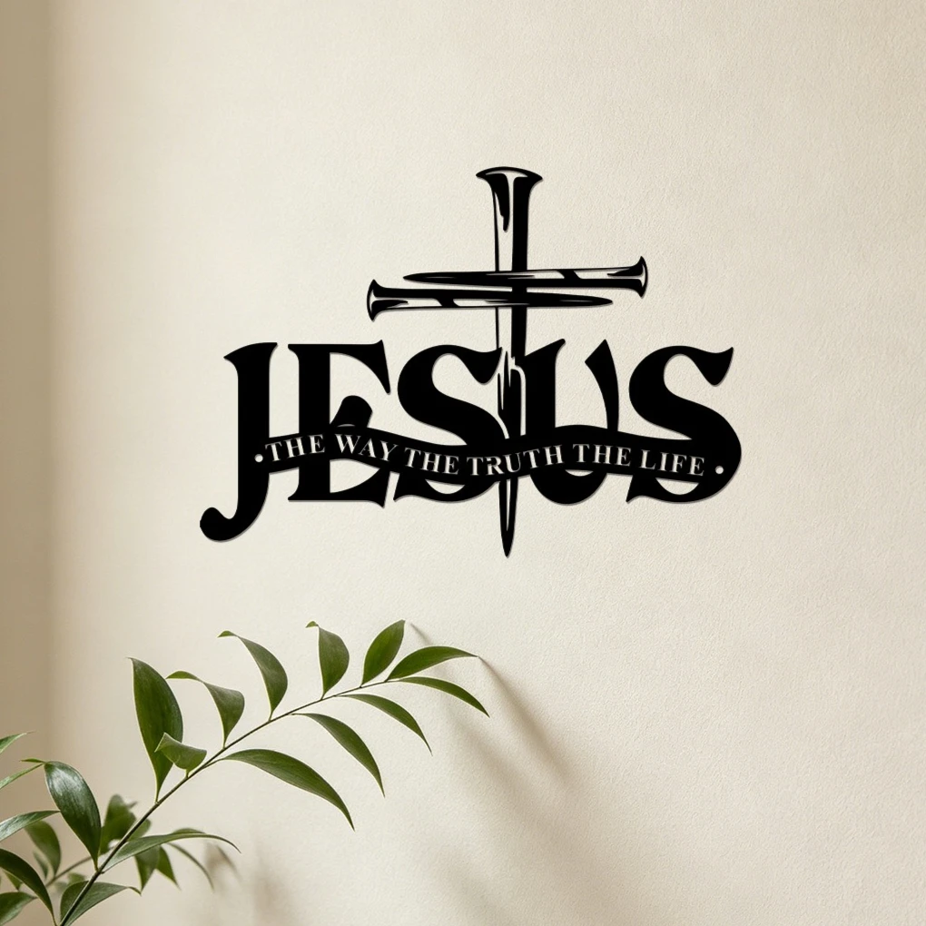 Black Metal Jesus Cross Wall Art,Nail Cross The Way The Truth The Life Wall Sign,Christian Believer Religious Wall Decor