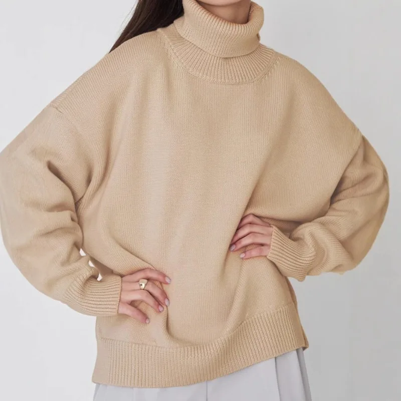 

2025 New Women's High Neck Pullover Sweater Soft Pure Color Knit Top Comfortable Loose Fit Versatile Casual Wear for Autumn