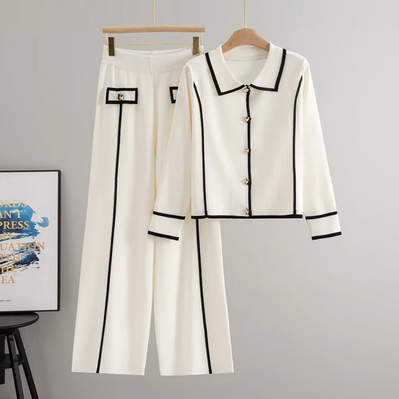 Greenora Matching Set Quiet Luxury Scandinavian Style Women Notch Collar Knit Cardigan Wide Leg Pants 2 Piece Set