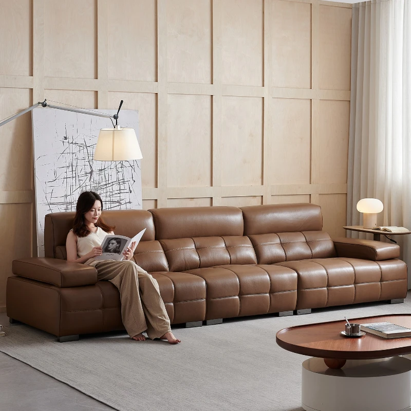 

Light luxury straight row high backrest Lawrence leather sofa retro brown first layer cowhide
