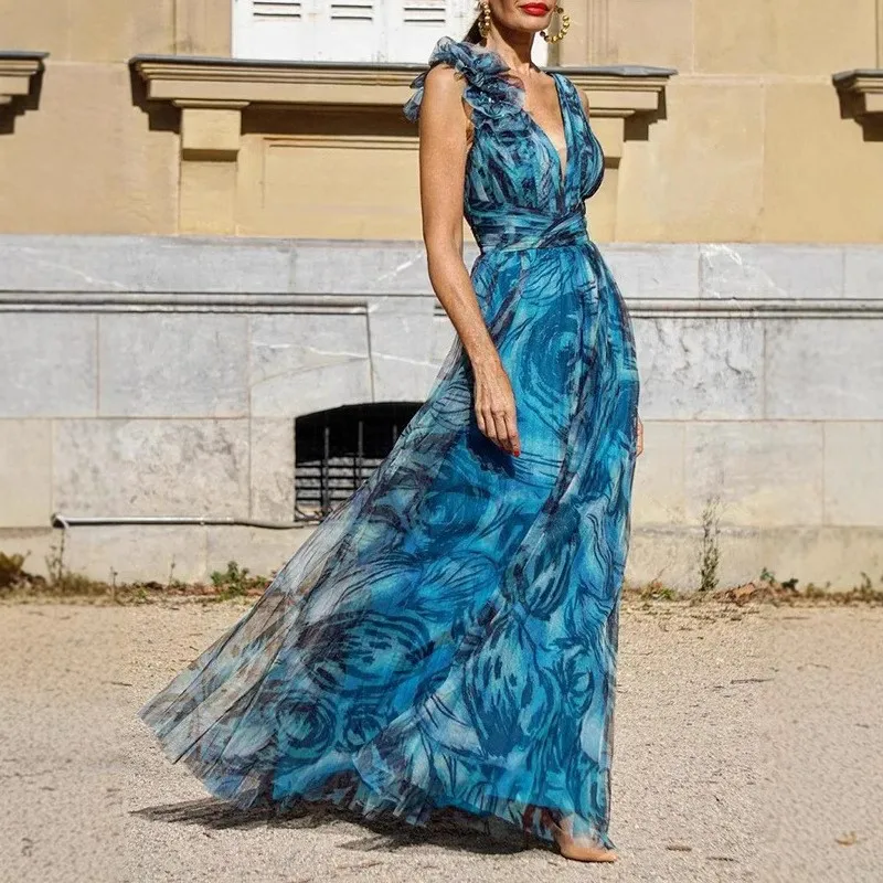 

Summer Dress Bohemian Style Women's Evening Dress 2025 with Deep V Neck Flower Decor Double-layered Big Hem for Vacation Beach
