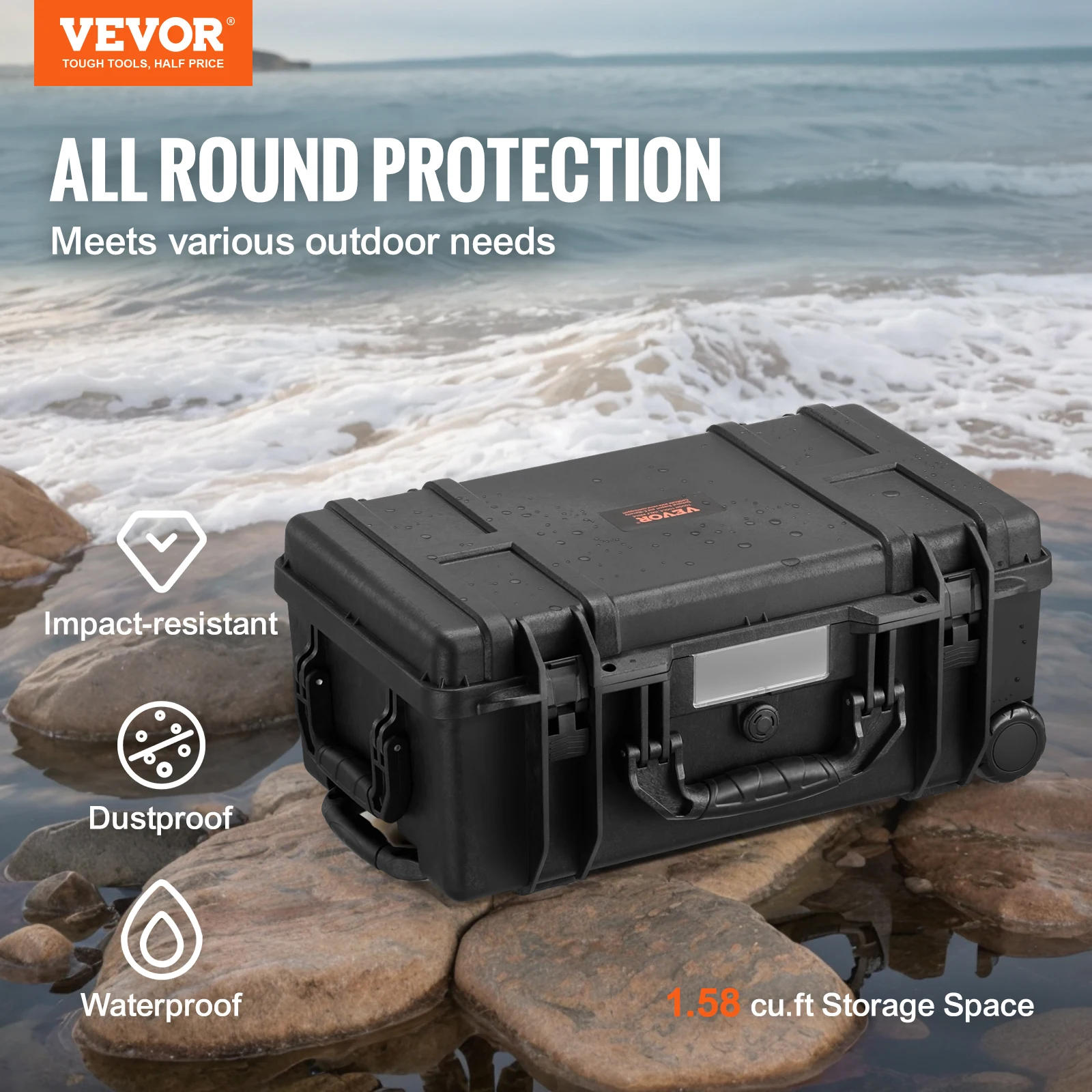 VEVOR Weatherproof Hard Case, Heavy Duty Protective Dry Box Case with Pre-cut Foam, Wheels & Retractable Pull Handles for Travel