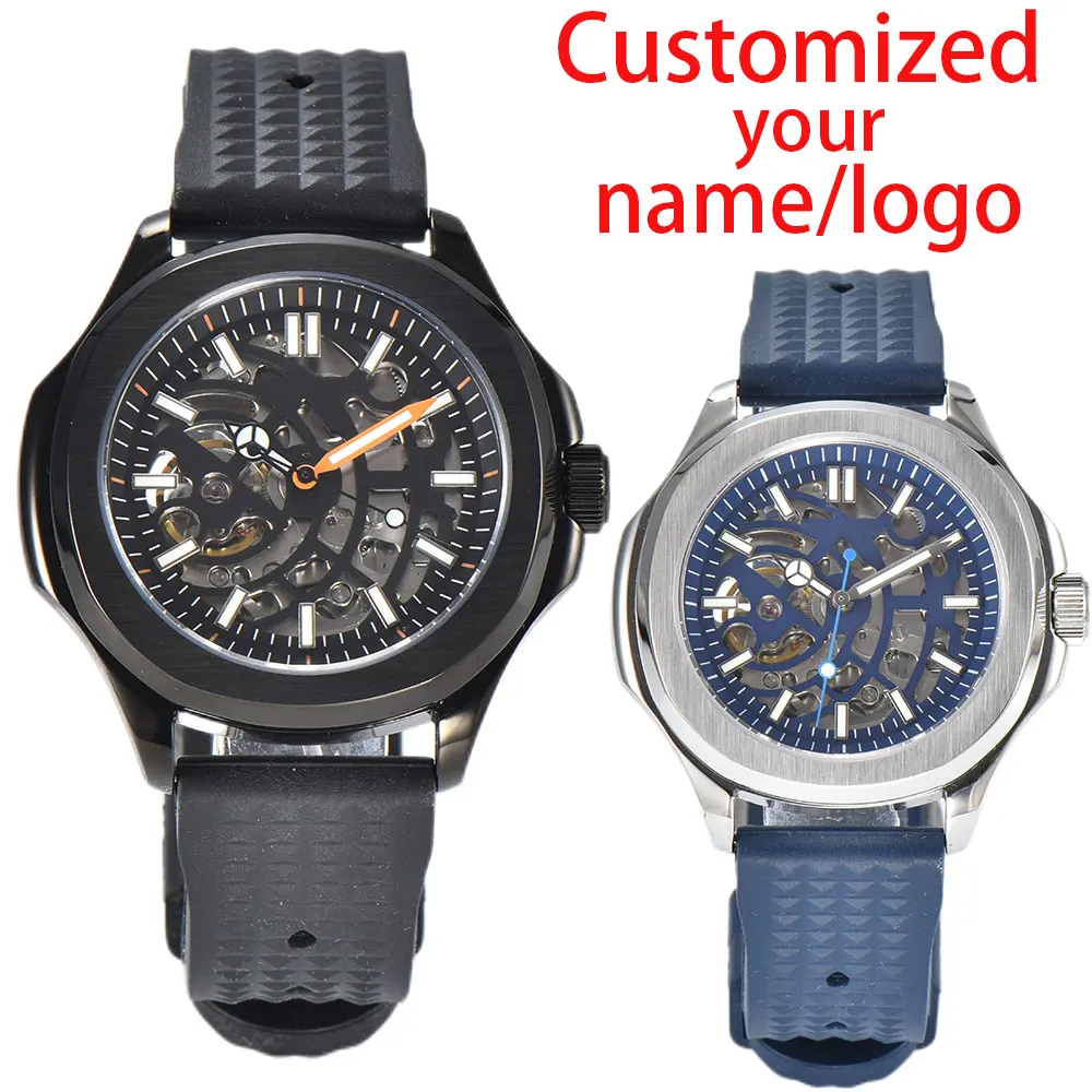 Custom Logo 39mm Men Automatic Watch with Hollow Dial NH38 automatic movement Sapphire Glass Stainless Steel Waterproof Watch