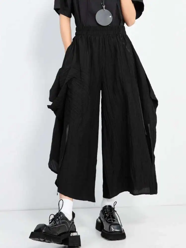 

High Elastic Waist Black Pleated Pocket Irregular Wide Leg Pants New Trousers Women Fashion Spring Autumn
