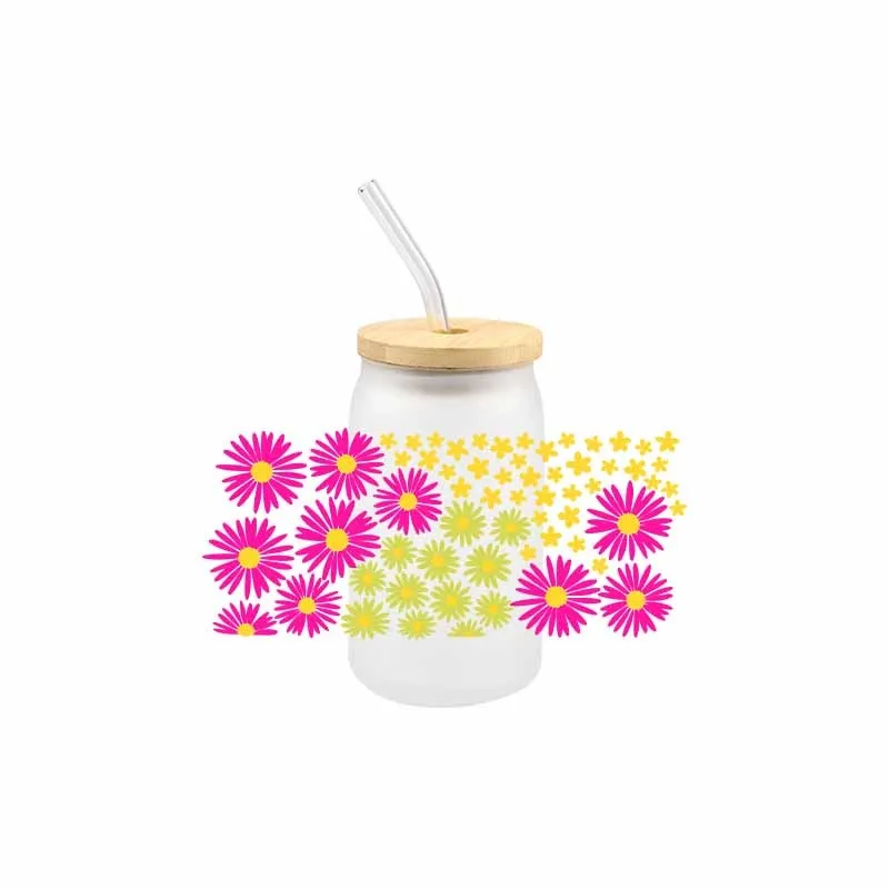 Colorful flower 16oz UV DTF Cup Wraps Decals Waterproof transfers Press Libbey Glass Cup Stickers 16 OZ UV DTF Transfer Sticker