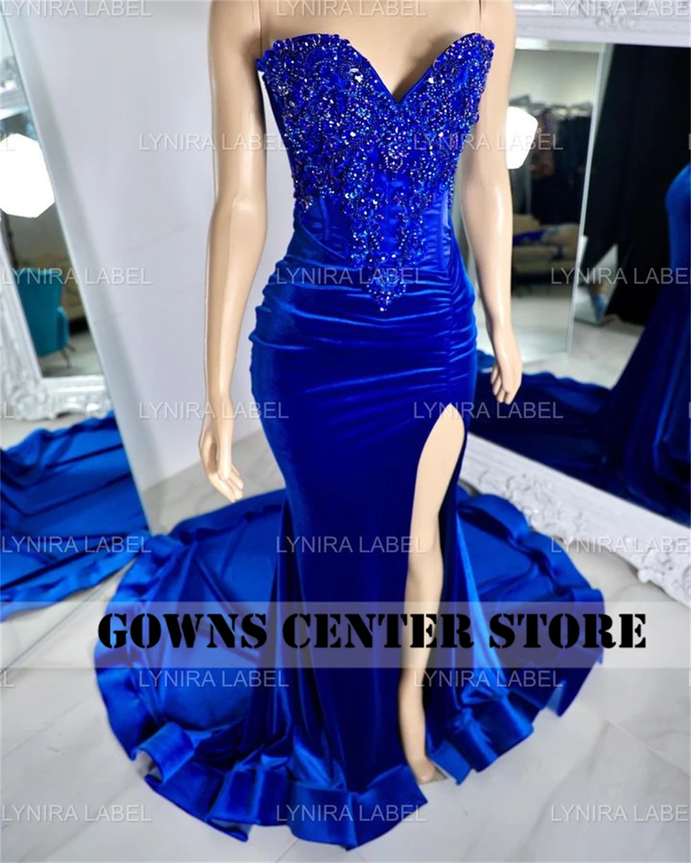 Vestido de fiesta de lujo con cuentas de Mermiad, vestido de fiesta de lujo, diamantes de imitación, Terciopelo Azul Real