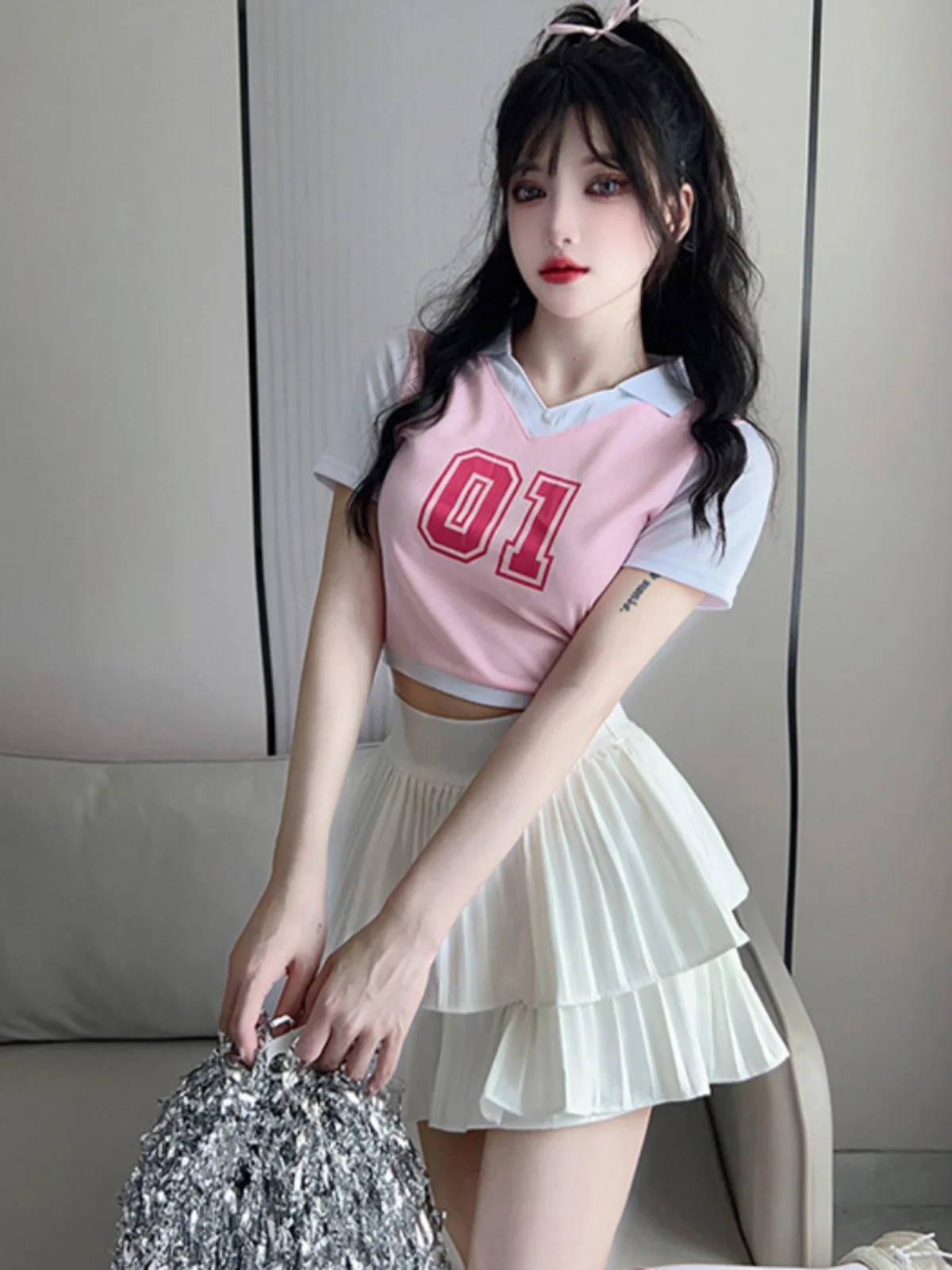 

Юбка для торта с высокой талией и футболка с воротником, комплект из двух предметов Cheerleading orm для студенческих спортивных встреч от Gege Home