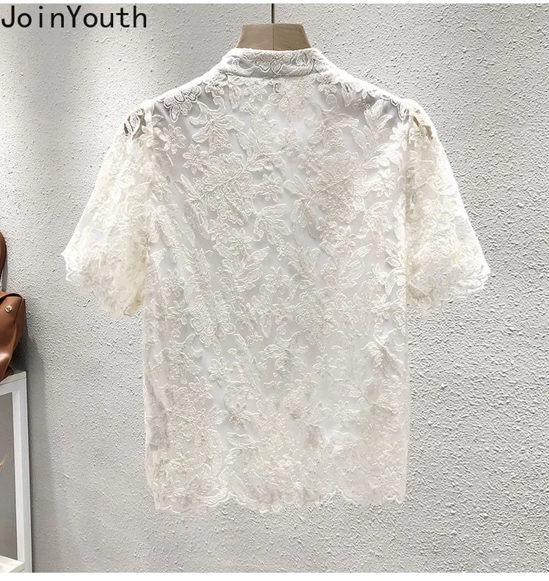 Chiffon Lace Blouse Women Short Sleeve Stand Neck Vintage Shirts 2023 Blusas Mujer De Moda Korean Summer Blouses Tops Femme