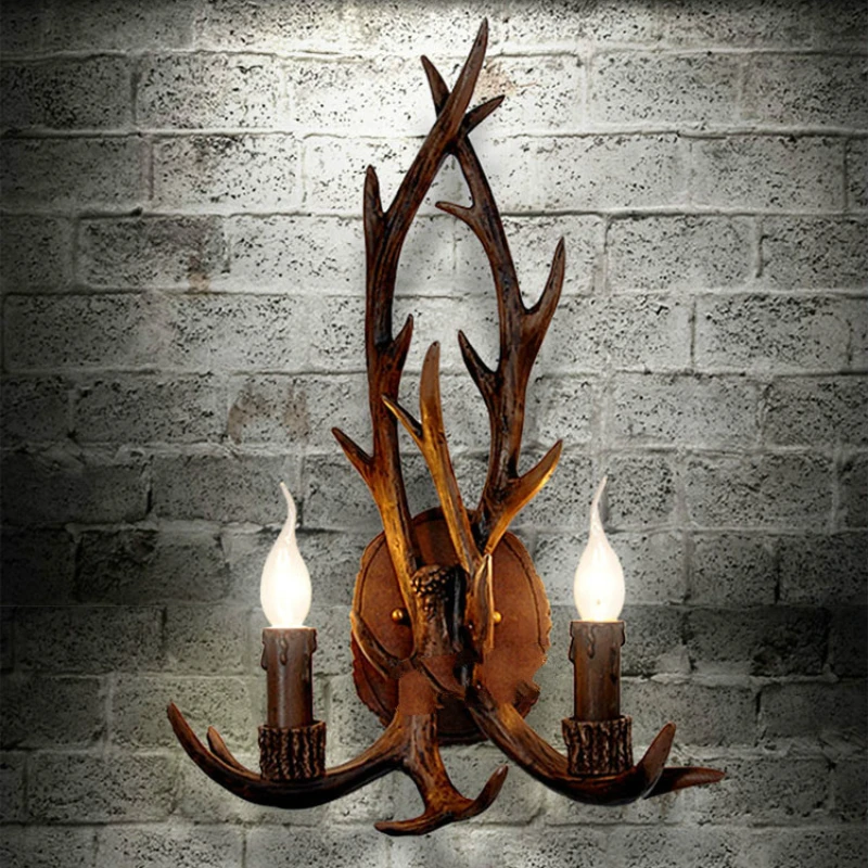 

Art Deco Retro Resin Antler Wall Lamp American Country Light Deer Horn candle Lampshade Sconce 110-240V