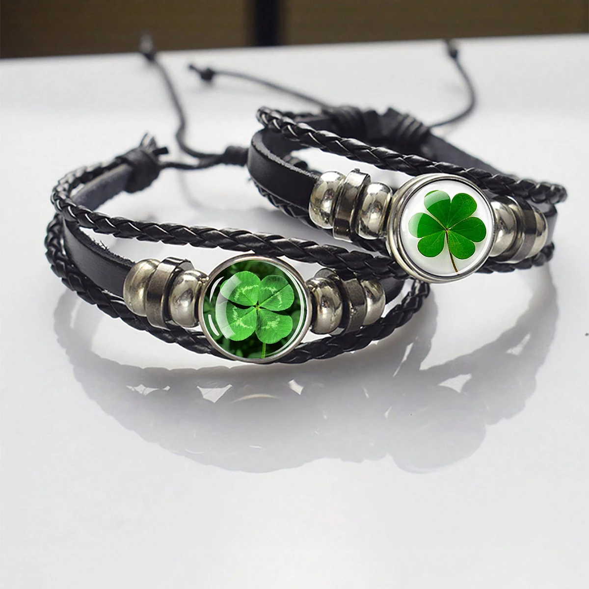 Four Leaf Clover Lucky Charm Bracelet Fashion Braided Leather Bracelet Saint Patrick's Day Gift