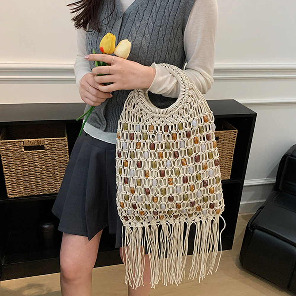 Summer Hollow Tassel Handbags Beading Woven Bags for Women Bohemian Knitting Beach Bag NEW Handmade Rope Crochet Women's Bag