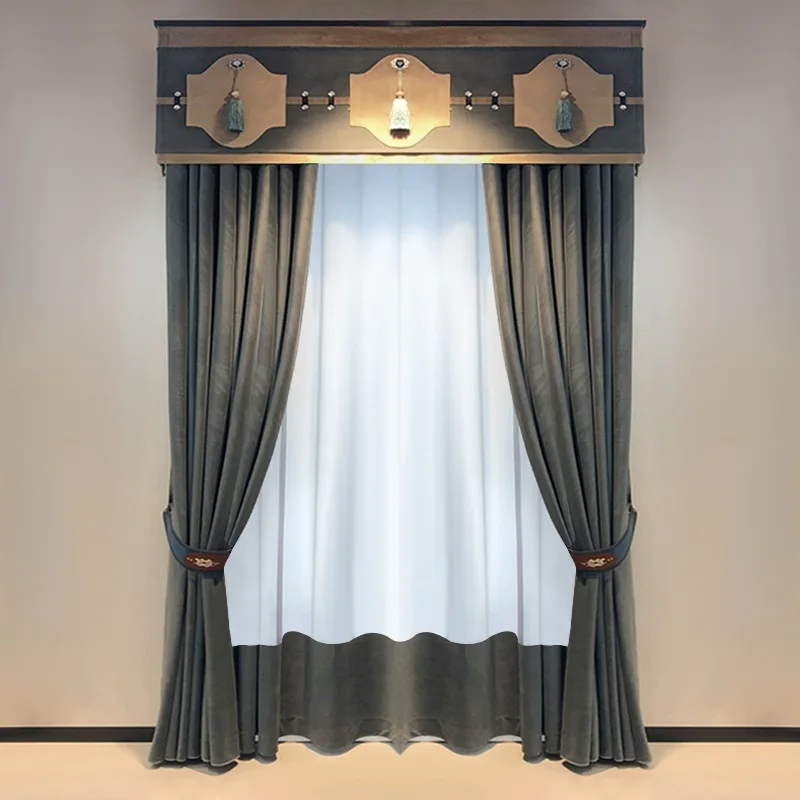 Custom French living room bedroom simple solid flannel grey blue velvet thick cloth blackout curtain tulle valance drape C1782