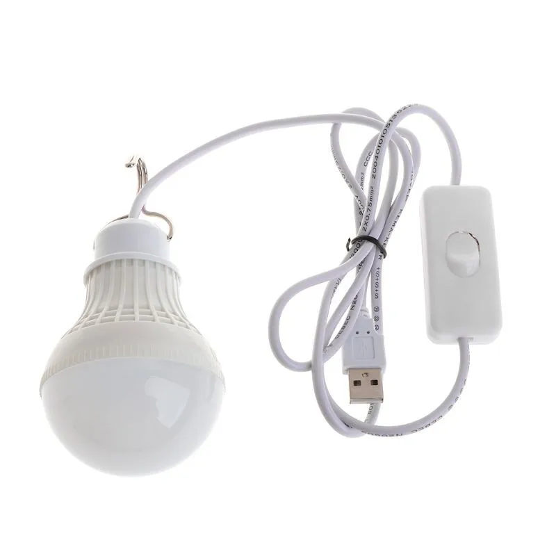 Ampoule USB à économie d'énergie LED, lampe de nuit pour camping et maison, interrupteur à crochet, lumière blanche, 3W, 5W, 7W