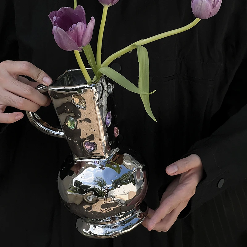Luxury Silver-Plated Ceramic Vase Design Dual-Use Hydroponic Planter & Floral Display Modern Geometric Decor for Living Room