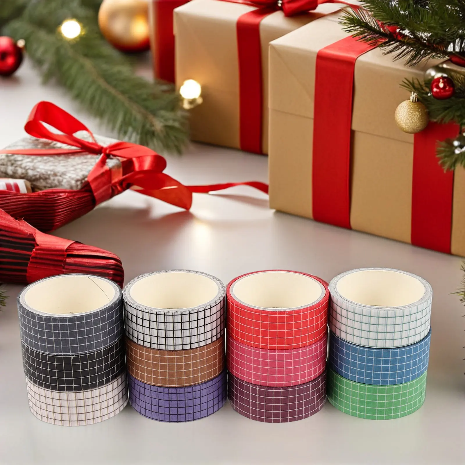12 Rolls Grid Washi Tape Set Colorful Plaid Patterned Japanese Paper Tape for Journaling Scrapbooking Crafts Planner DIY Kids