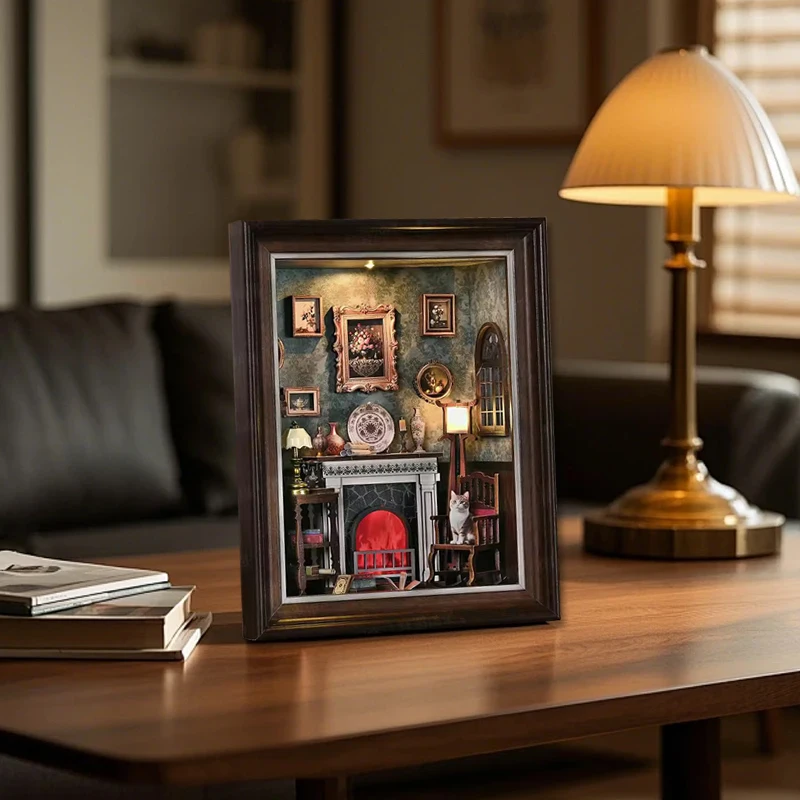 بيت الدمية DIY مع رف الكتب الخفيف LED إدراج اليدوية ثلاثية الأبعاد لغز خشبي صغير دمية إطار الصورة زخرفة لهدايا عيد الميلاد #5