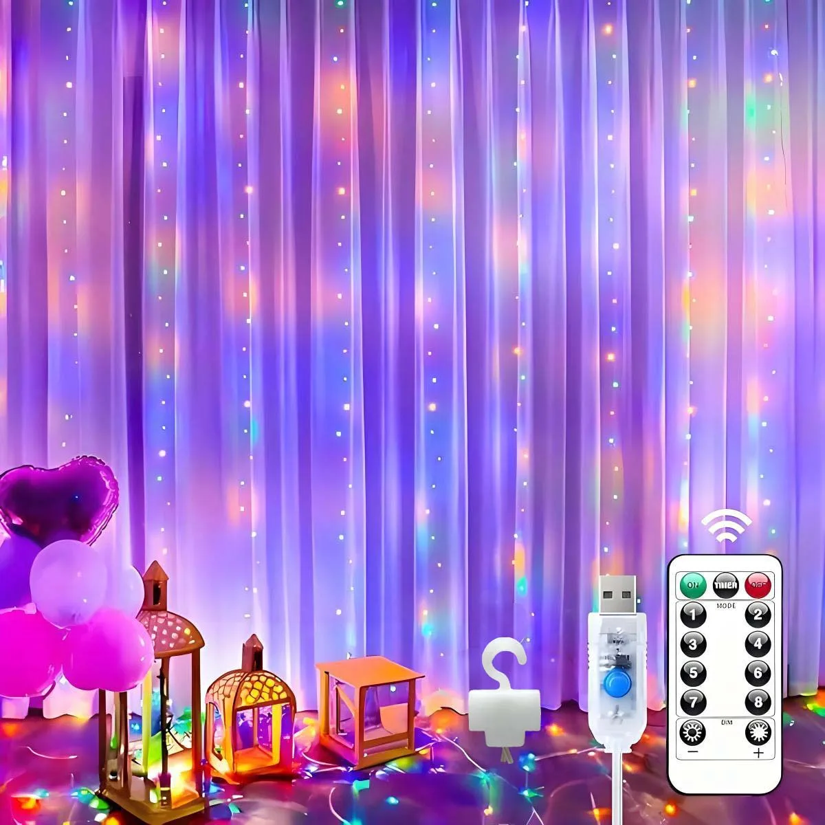 1個のLEDカーテンライト、USB電源、リモコン付き、8つの点滅モード、ホリデーデコレーション、誕生日&結婚式の装飾、クリスマスデコレーションライトに最適