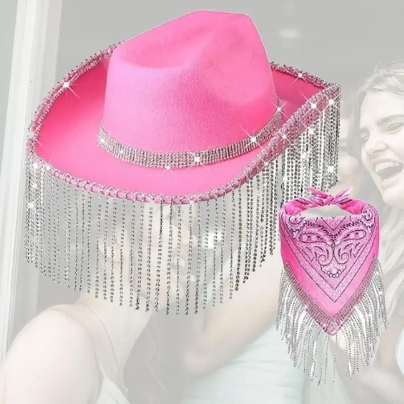 P88A Weatern Cowboy Hat Bandana Set Sequins Women Bandana Tassels Head Scarf Costume