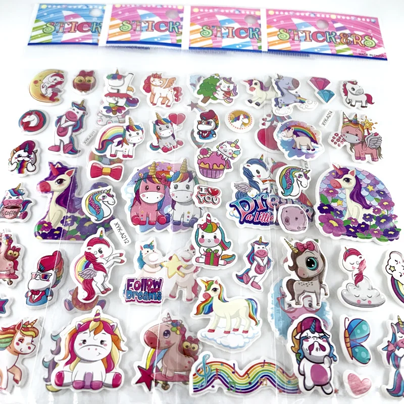 8 Sheets/Pack Cartoon Unicorn 3D Puffy Stickers for Kids Reward Scrapbook Sticker Notebook Decoration