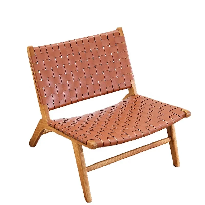 Hot selling Stock Fast Delivery Knock Down Vintage Danish Tan Wood Woven Leather Strap Living Room Leisure Lounge Chair