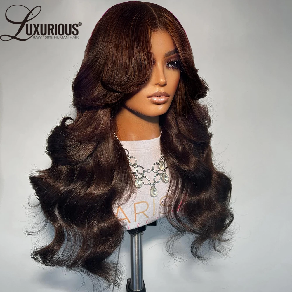 خصلات الشعر المستعار البشري الملون البني الداكن بدون صمغ للنساء 4x4 شعر مستعار دانتيل مسبق القطع موجة الجسم وضع الذهاب والذهاب 13x4 شعر مستعار ريمي 250%