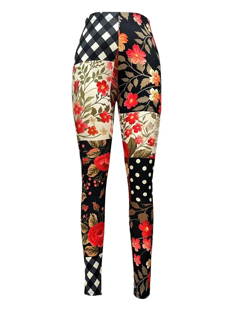 Floral  print stretch slimming elastic waist tight casual base women